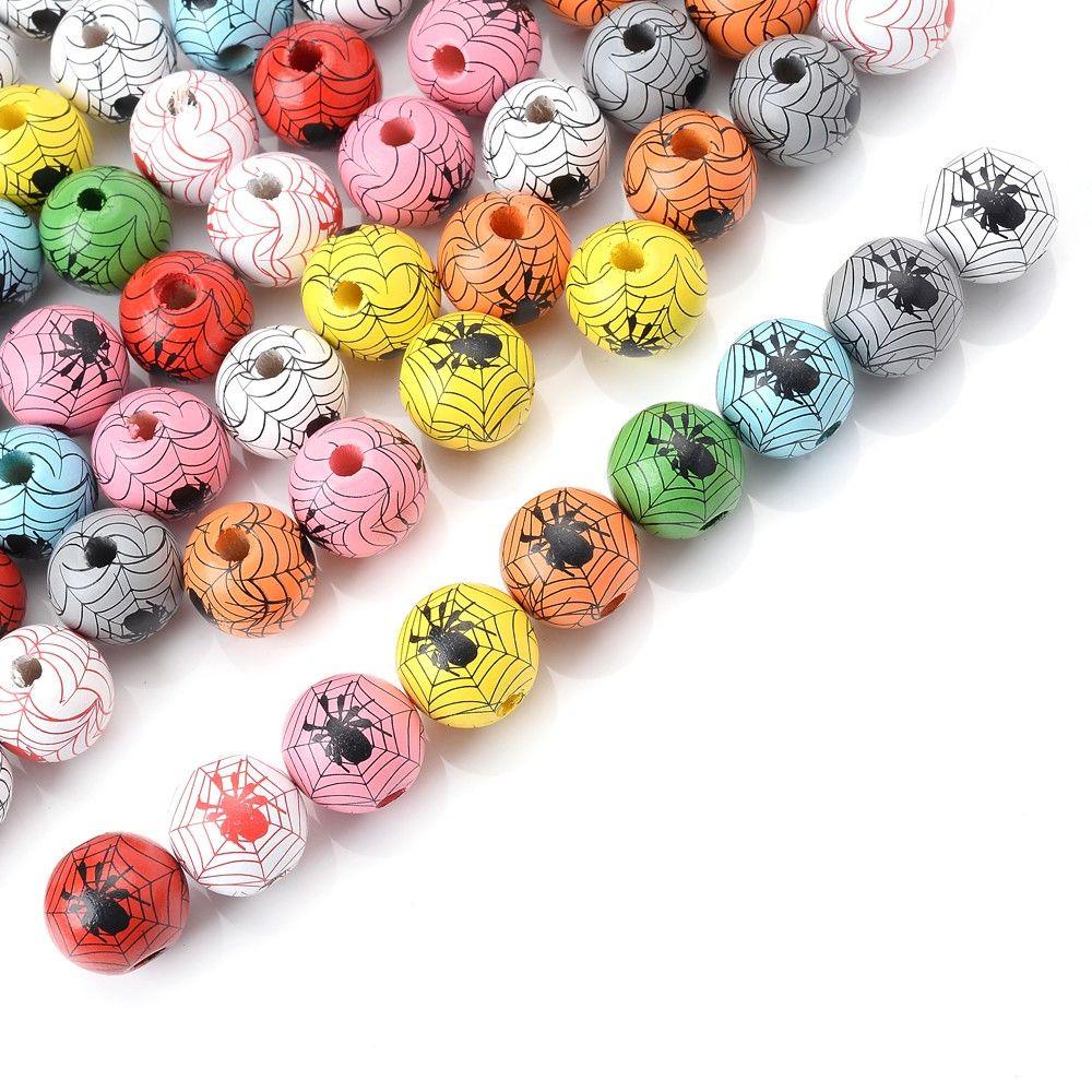 Chuỗi Hạt Gỗ Tròn Nhiều Màu Họa Tiết Nhện Dùng Trang Trí Halloween
