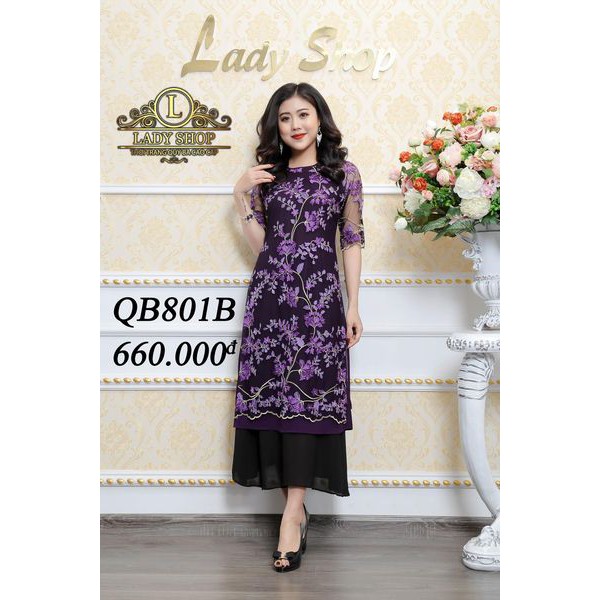 Áo dài cách tân trung niên thời trang quý bà cao cấp - Ladyshop - Cách tân ren thêu hoa tím váy đen QB801