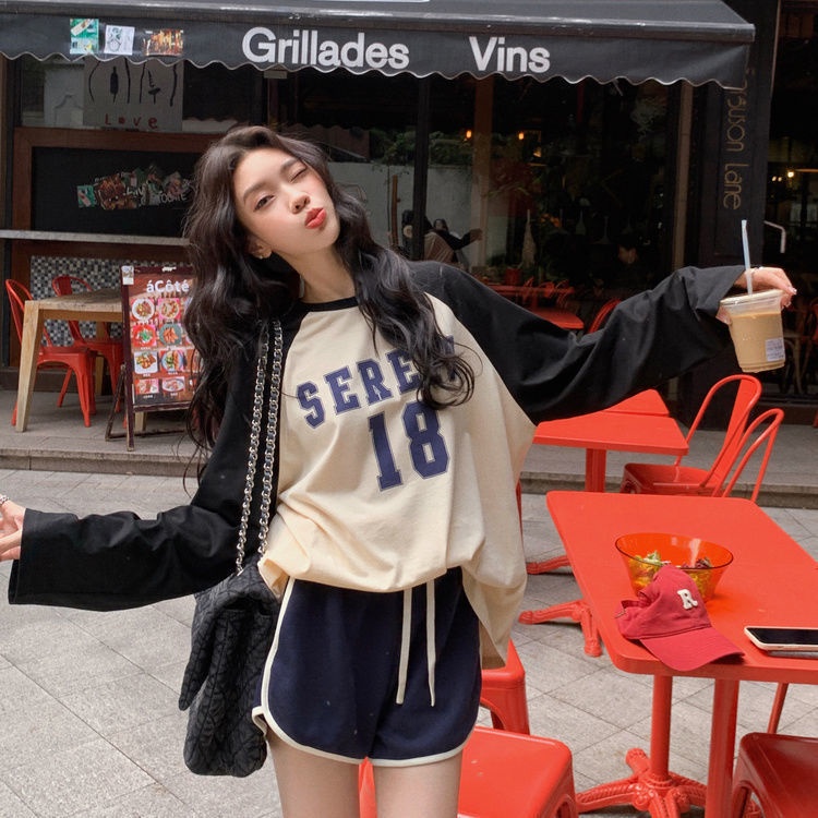 Jiashucheng Áo Thun Tay Dài Cổ Tròn Dáng Rộng Phối Màu Tương Phản Thời Trang Mùa Thu Hàng Mới Dành Cho Bạn Nữ
