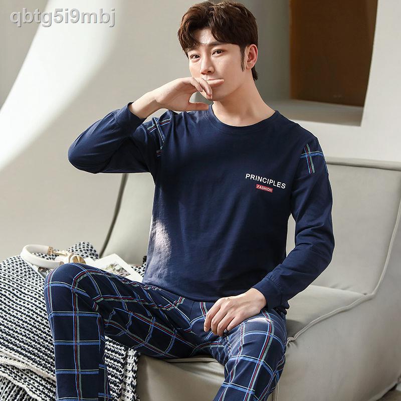 Bộ đồ ngủ nam mùa thu cotton dài tay học sinh và thanh thiếu niên dày dặn cộng với size phục vụ ở nhà