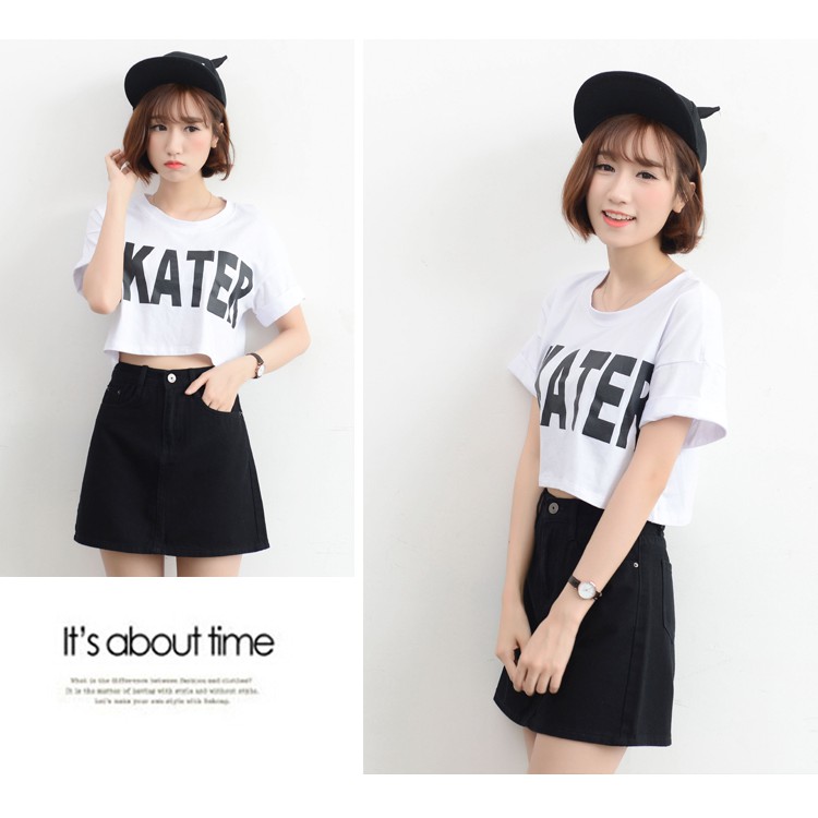 Chân váy SUXI denim dáng chữ A lưng cao phong cách retro