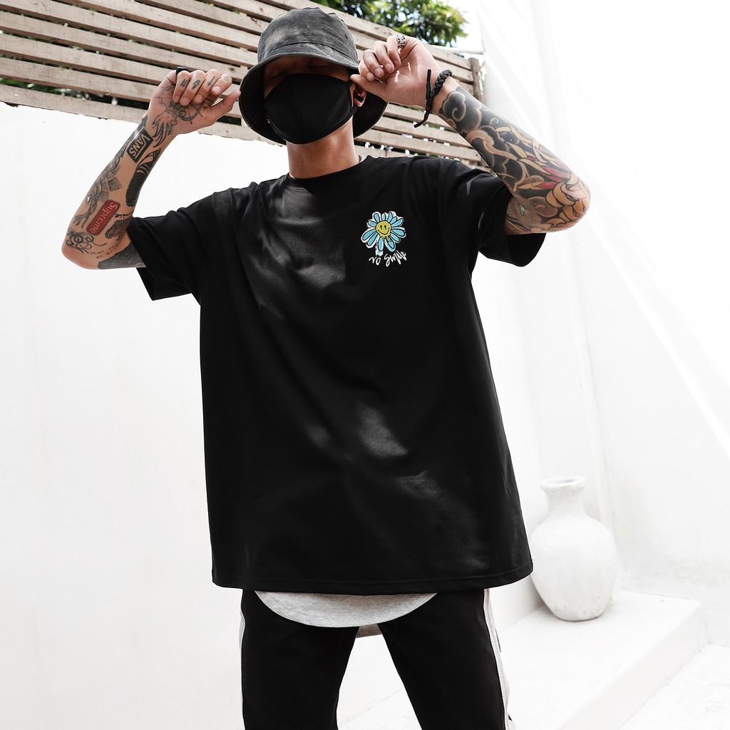 Áo Thun No Smile Màu Đen Chất Liệu Cotton Thoáng Mát Form Rộng Unisex Nam Nữ