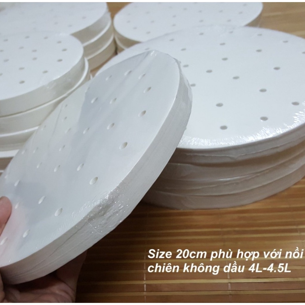 Set 100 tờ Giấy nến đục lỗ Gia Phú size 23cm, giấy nến tròn lót xửng hấp, nồi chiên không dầu, hấp bánh bao