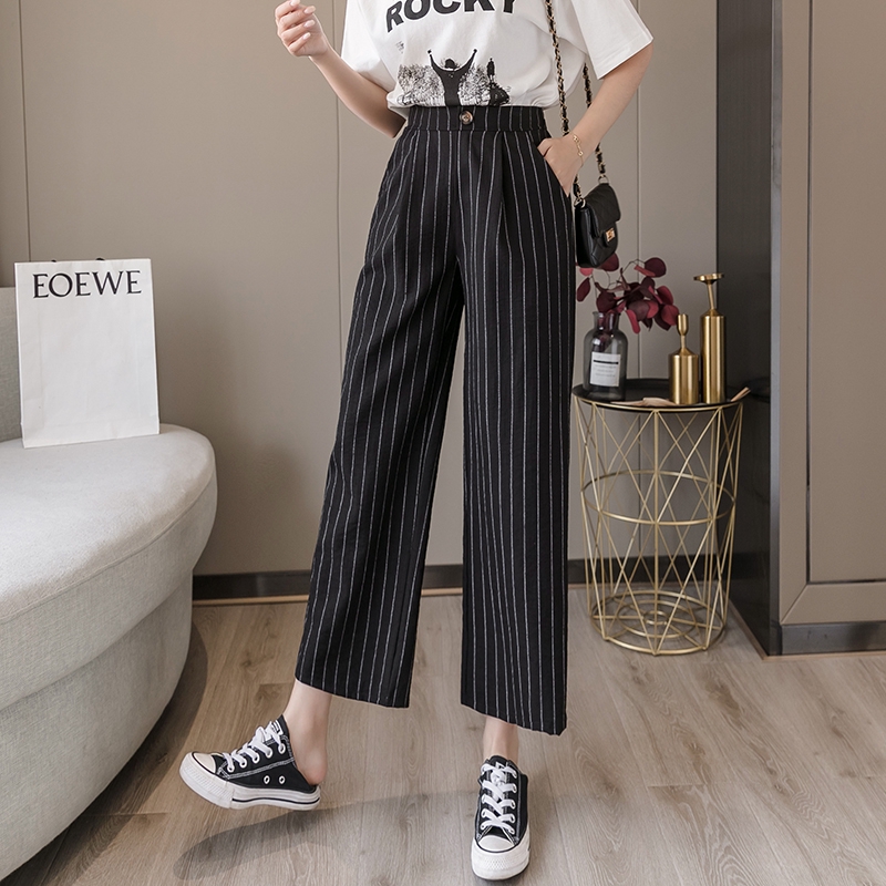 Quần dài vải cotton lanh mỏng form rộng dáng suông kẻ sọc dễ thương | BigBuy360 - bigbuy360.vn