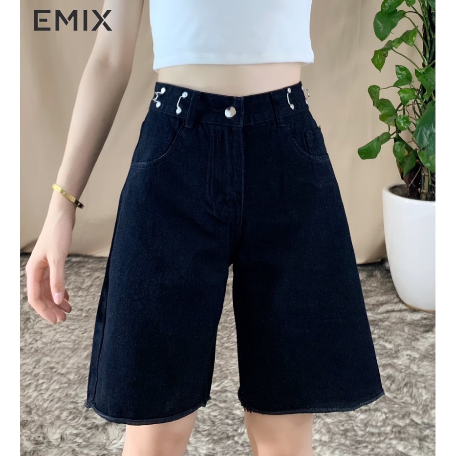 Quần short nữ móc cài EMIX (2 màu), dáng lửng, cạp cao, ống rộng, chất jean, mềm , dày dặn, không bai xù