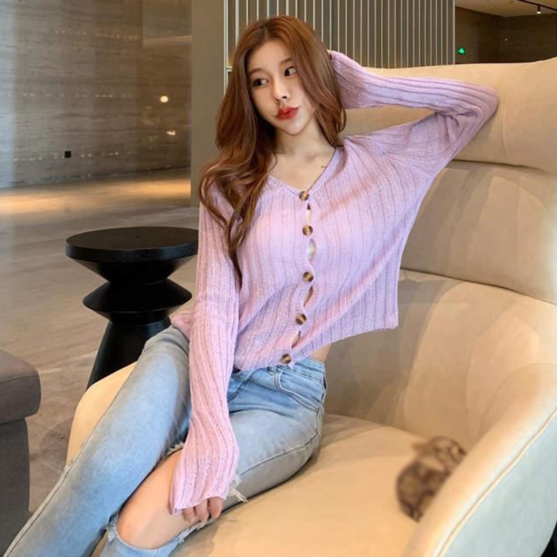 Áo khoác cardigan dệt kim tay dài cổ chữ V màu trơn phong cách Hàn Quốc cho nữ