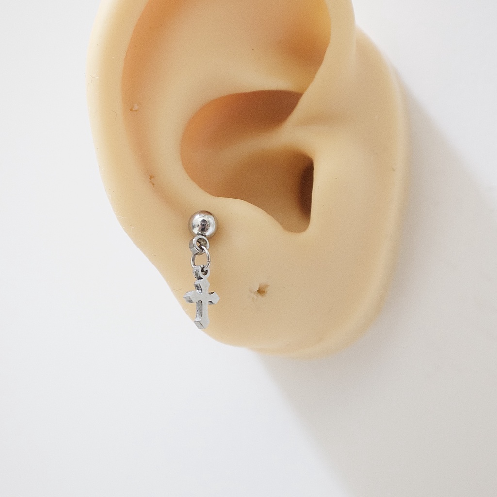 Khuyên Tai Titan Unisex Có Charm Thánh Giá Bi Tròn Không Gỉ Sét Không Ngứa Bông Tai Julies Box 66