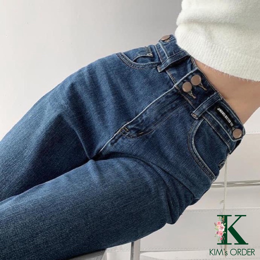 Quần jeans nữ cạp hai cúc màu xanh đậm ống suông loại 1 lưng cao phom rộng phong cách Ulzzang Hàn Quốc chất dày xu hướng