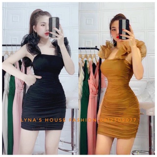 Free ship đầm nữ tay phồng ôm body nhún sườn ⚡ freeship ⚡ váy thun borip phối voan tơ sang đẹp - anly121