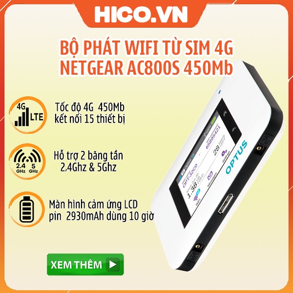 Bộ phát Wifi 4G Netgear Aircard AC800S Cat9 Fullbox - Tốc Độ 450Mps - Dung Lượng Pin Khủng - Hàng Chuẩn Mỹ