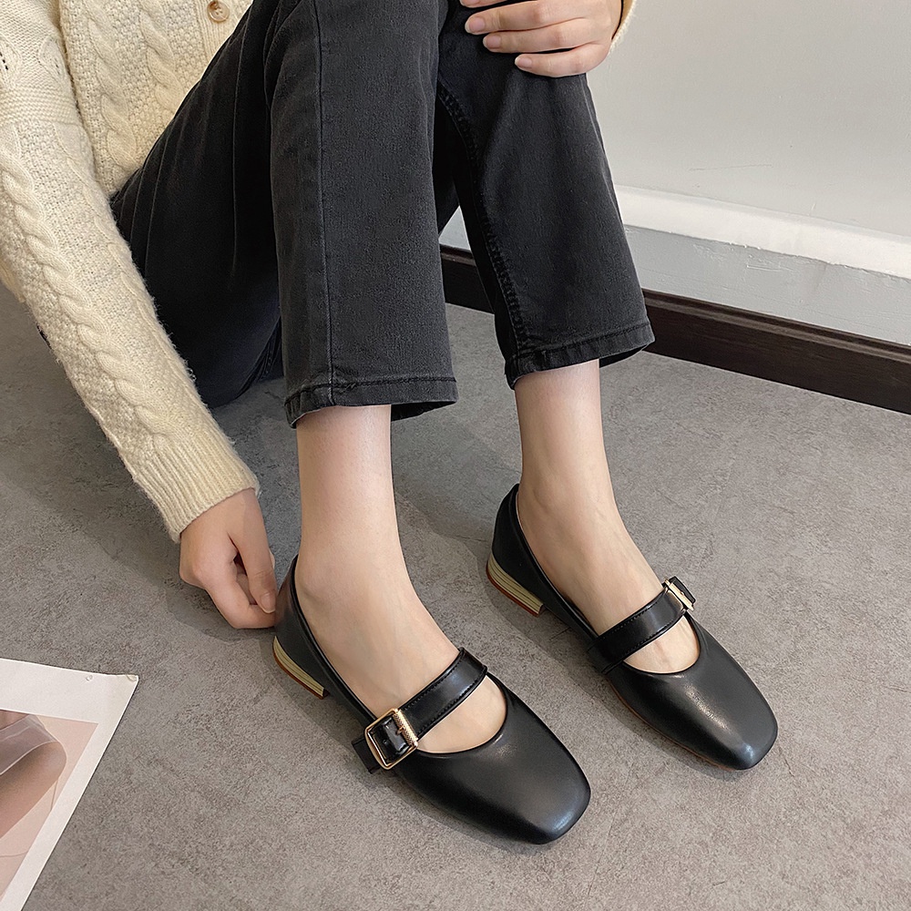 Giày búp bê da mềm nữ gót giả vân gỗ mũi vuông khóa vuông phong cách Hàn Quốc vintage xinh xắn - Mã GB44