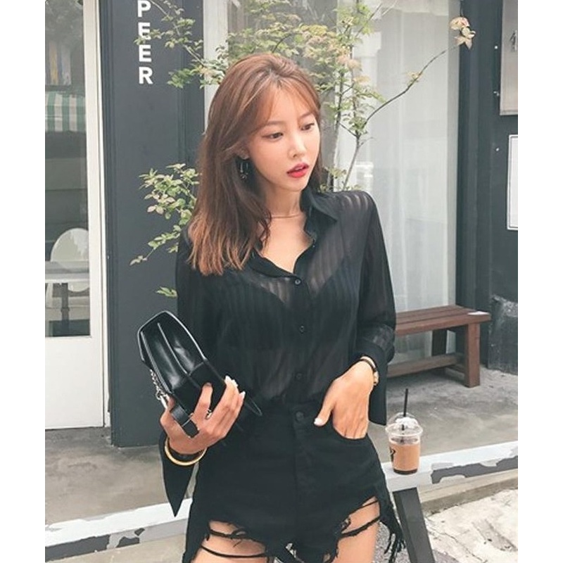 Áo Sơ Mi Đen Tay Dài Dáng Rộng Cài Khuy Kiểu Hàn Quốc Thời Trang Mùa Hè Cho Nữ