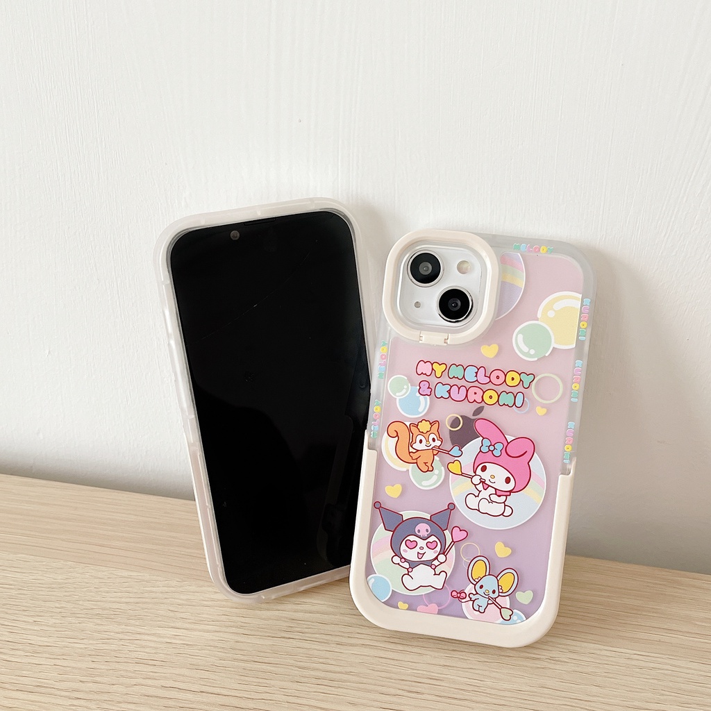 Ốp Điện Thoại Họa Tiết Kuromi and Melody Dễ Thương Chống Sốc Kèm Giá Đỡ Cho Iphone
