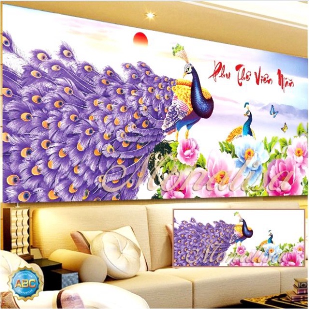 Tranh đính đá phu thê viên mãn KT:120x60cm. Tranh gắn đá chưa gắn.