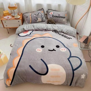 Bộ chăn ga gối drap giường Nỉ nhung 3D mẫu khủng long xám cute mới nhất