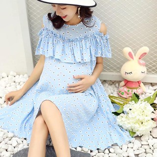 Váy bầu đầm bầu suông big size thiết kế hở vai họa tiết hoa nhí xanh ngọc