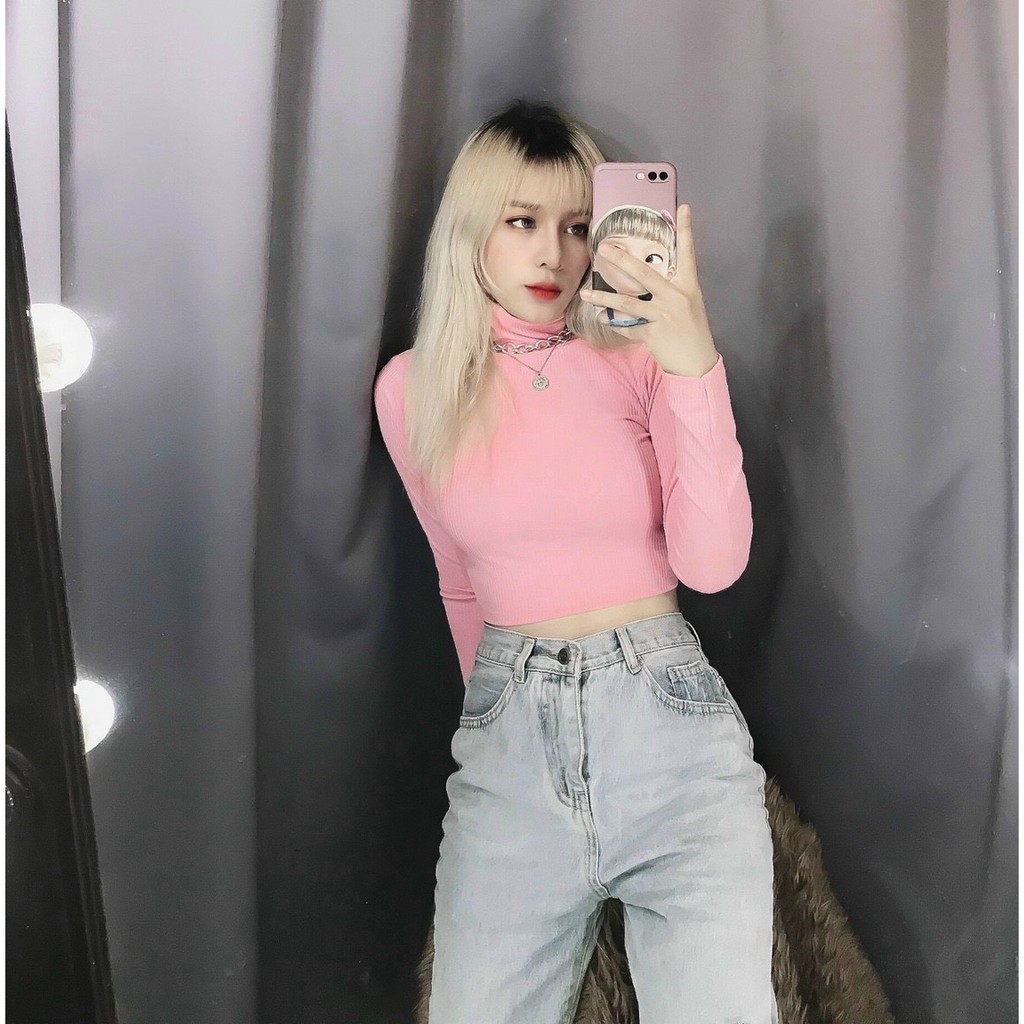 Áo cổ lọ croptop tay dài trơn cực xinh , chất thun gân mềm mịn mát