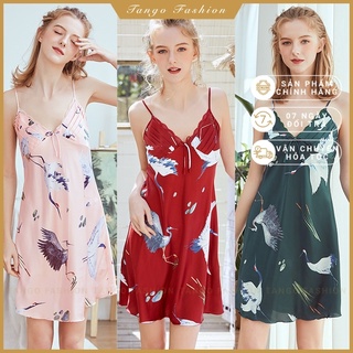 Váy hai dây, Đầm ngủ nữ lụa satin họa tiết, đồ mặc nhà dễ thương