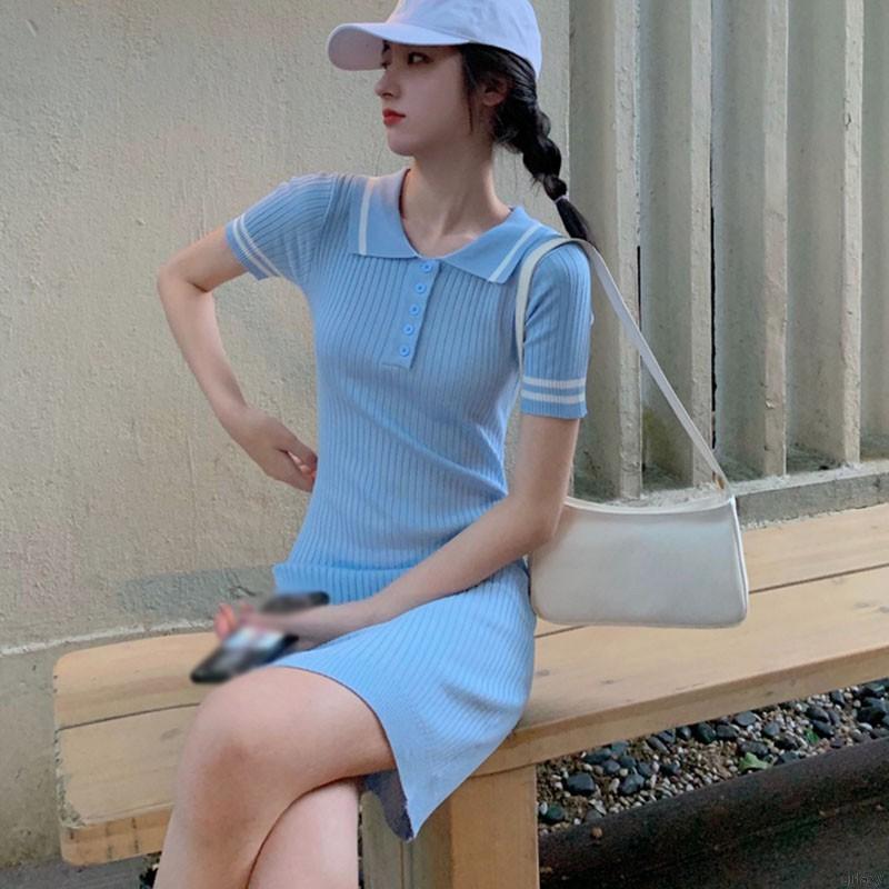 Đầm ôm dệt kim tay ngắn cổ sơ mi thời trang nữ năng động cá tính | BigBuy360 - bigbuy360.vn