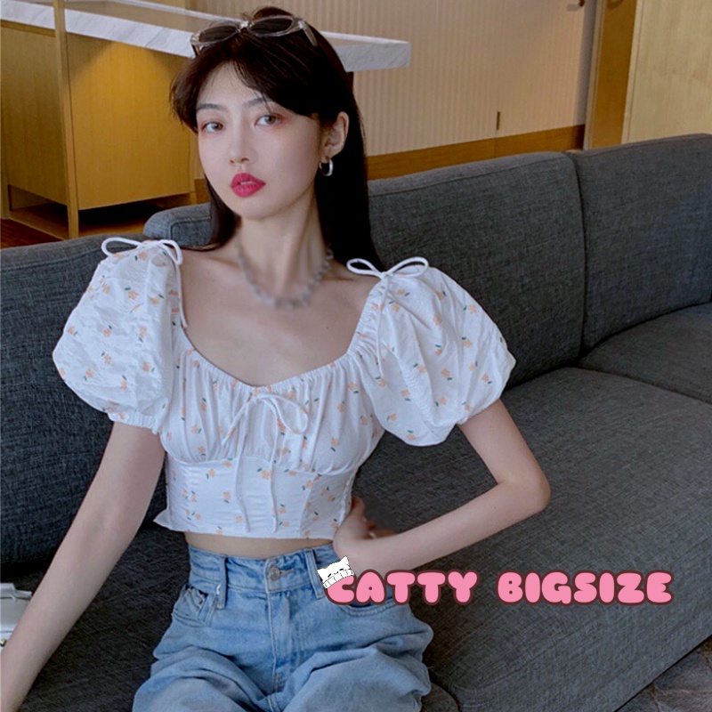 [HOT-2022][Bigsize50-90kg] Áo Croptop Tay Ngắn Cổ V Hoạ Tiết Hoa Duyên Dáng Nữ Tính CattyBigsize , Áo croptop hoa nhí