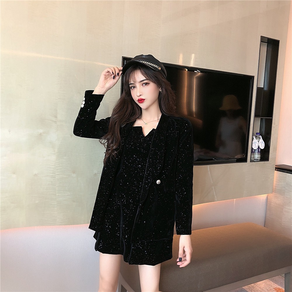 Set áo khoác đen bling bling sang trọng + đầm ống đen bling bling ulzzang
