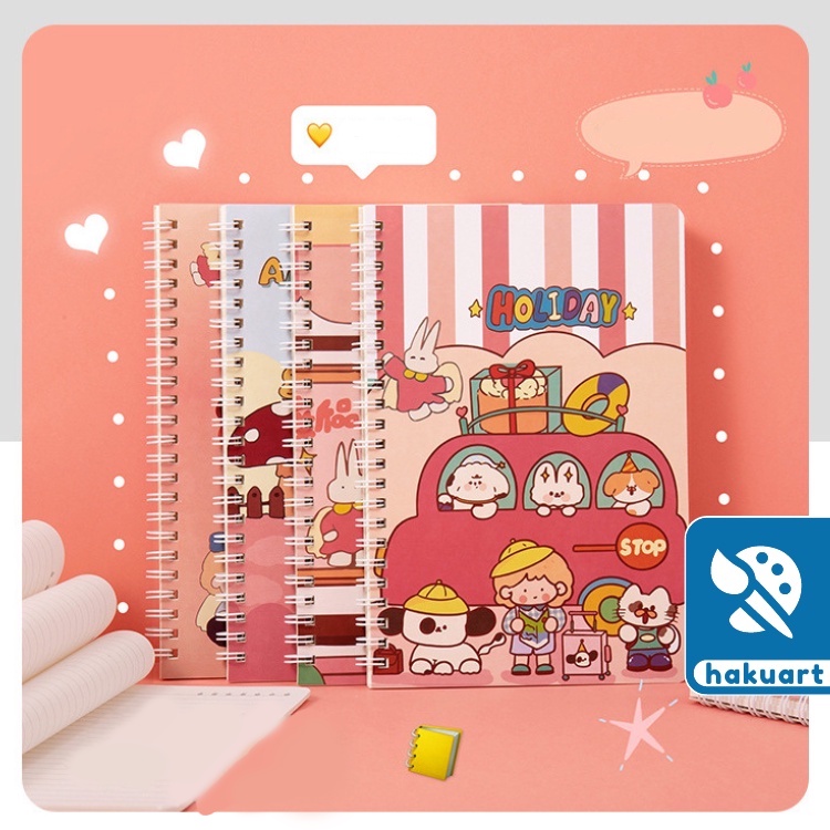 Sổ lò xo A5 Bìa hoạt hình cute 120 trang giấy kẻ dòng màu kem bo góc - Văn phòng phẩm Hakuart