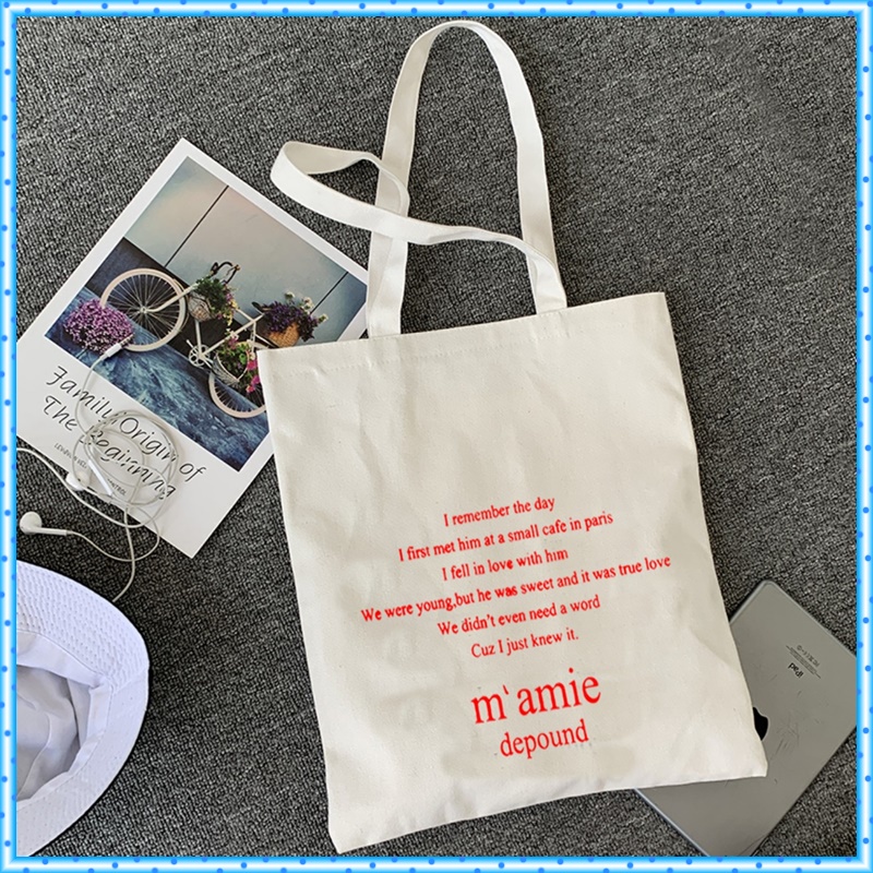 Túi tote m' amie vải canvas chất đẹp mềm có dây kéo may kĩ có ngăn nhỏ bên trong