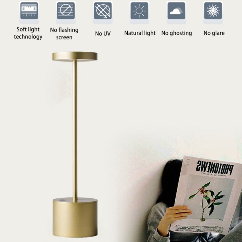 Đèn LED để bàn không dây bằng kim loại 2 cấp độ ánh sáng màu đen/ vàng/bạc có thể sạc lại
