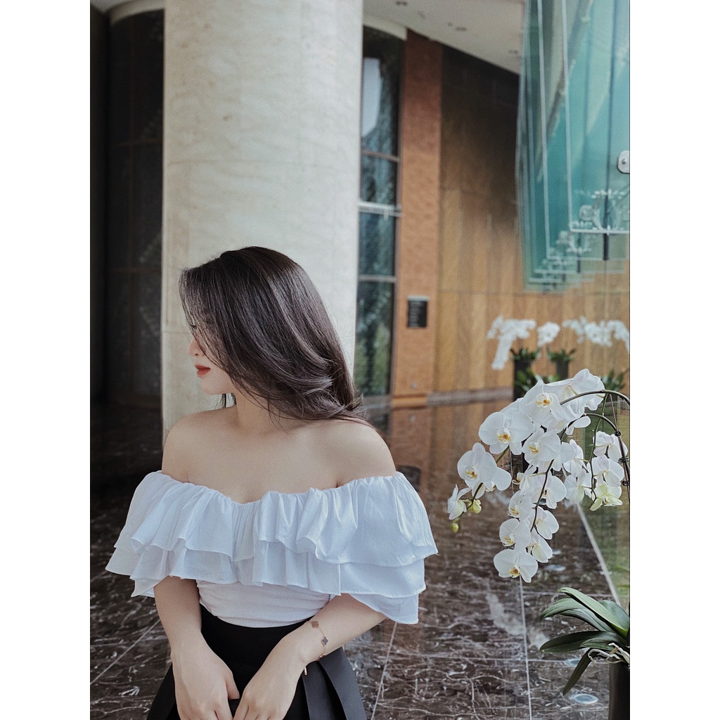 Áo kiểu trễ vai bèo nhún hàng thiết kế Ganni Top by KHALES