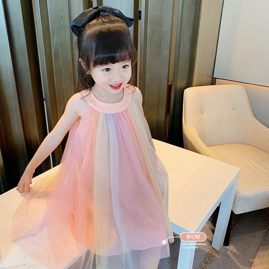 Đầm công chúa hai dây phối lưới màu cầu vồng thời trang mùa hè Hàn Quốc cho bé gái