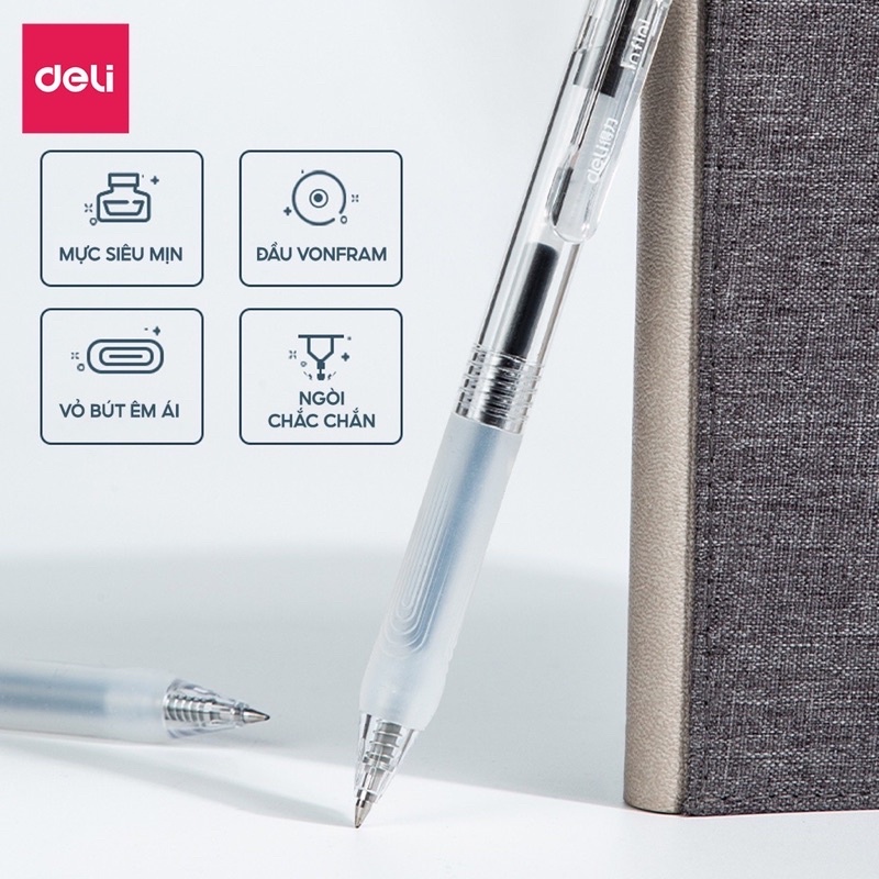 Bút bi gel bấm DELI CHÍNH HÃNG - Mực đen ngòi 0.5mm