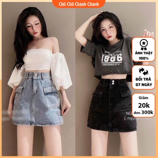 Chân váy bò ngắn Jean Chữ A Cạp Cao có Video và ảnh thật Phong Cách Ulzzang Chii Chii Chành Chành CVJ001