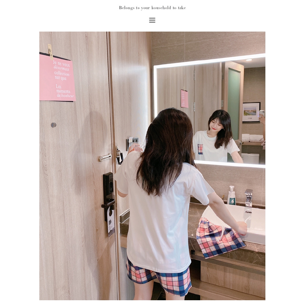 summer young girl korean fashion print short-sleeved T-shirt and plaid print shorts home wear pajama set 2 pieces | BigBuy360 - bigbuy360.vn