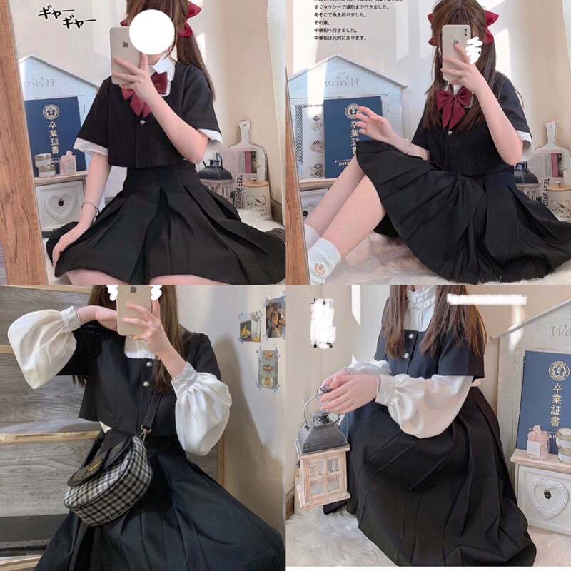 YAS0050-Set Jk nhật Maria sơ mi viền ren áo vest ngắn