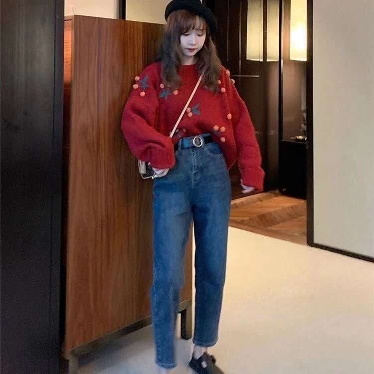 Áo dệt kim cổ tròn thoáng khí họa tiết Cherry xinh xắn dành cho nữ | BigBuy360 - bigbuy360.vn