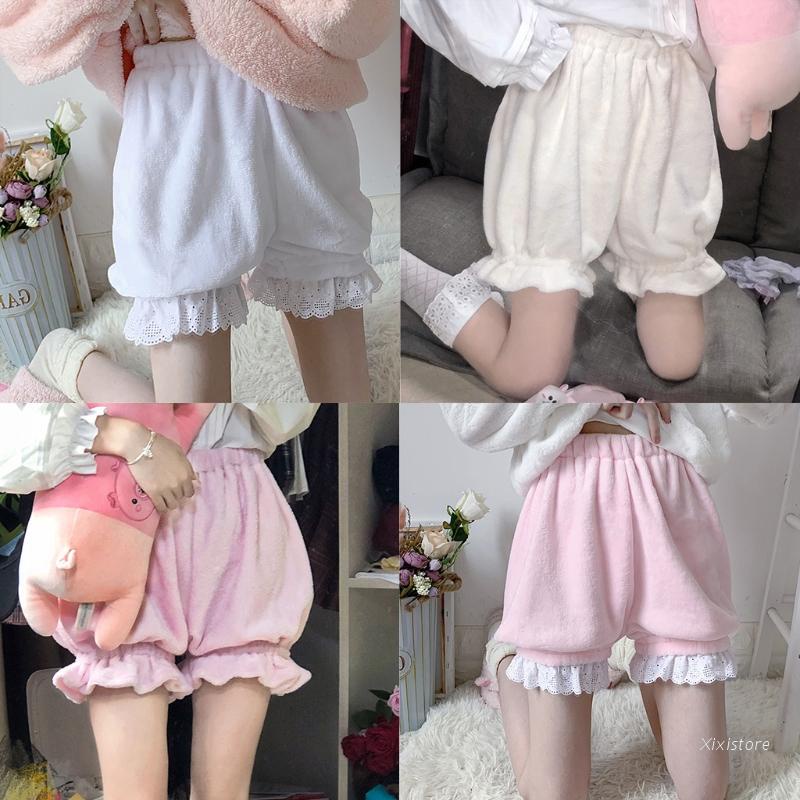 Quần đùi bảo hộ nhung phối ren nhún bèo màu trơn đính nơ phong cách lolita thời trang mùa đông xinh xắn cho nữ