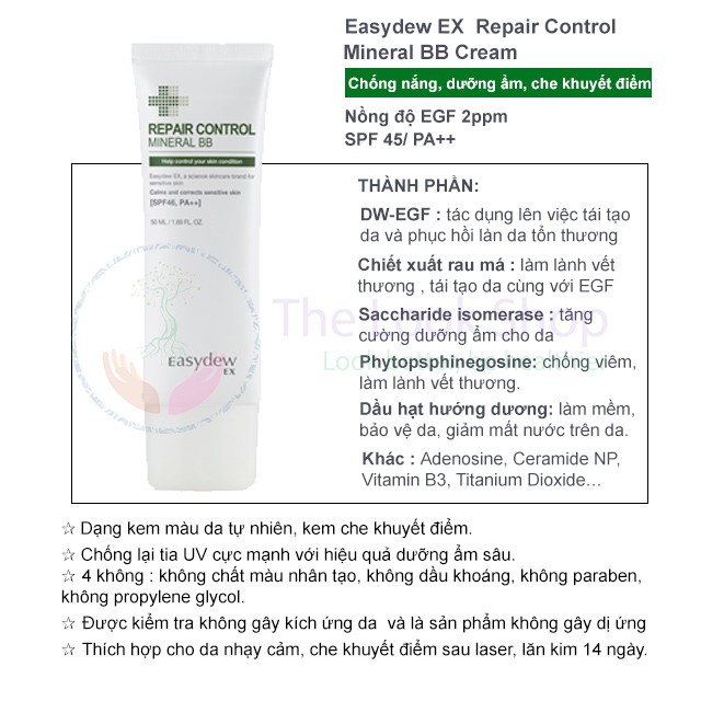 Kem chống nắng EGF dưỡng ẩm, che khuyết điểm cho da mụn, lăn kim, laser SPF50/PA++++ Easydew EX Repair Control BB cream