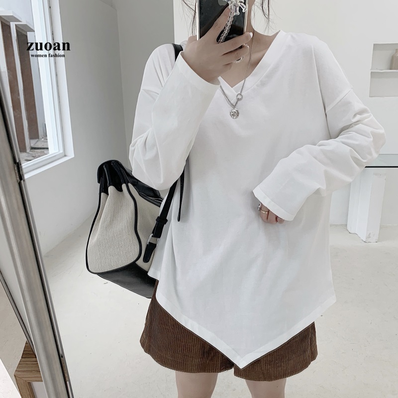 Áo thun SUXI tay dài vải cotton thiết kế lệch tà độc đáo thời trang mùa thu