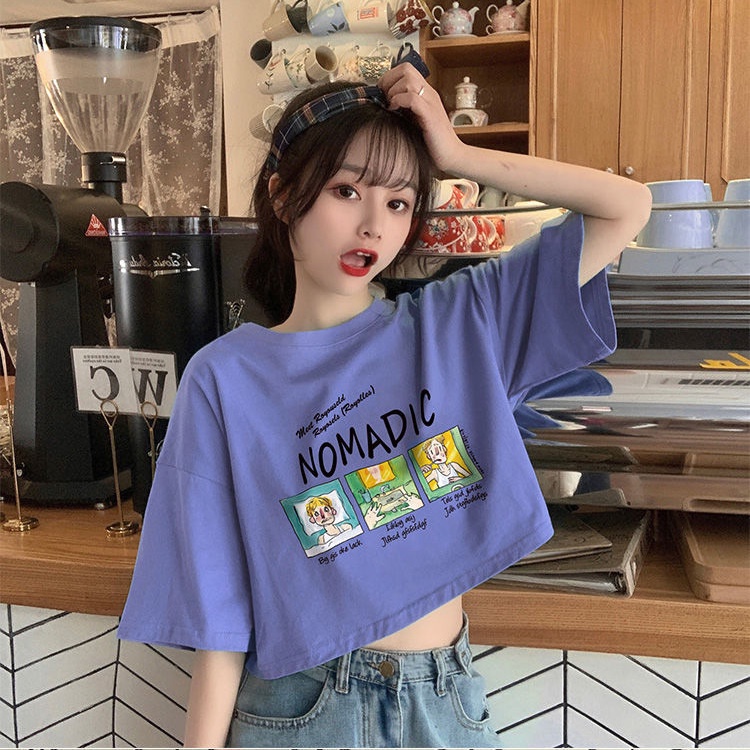 Áo thun croptop tay ngắn dáng rộng thiết kế mới thời trang dành cho nữ 11-13 tuổi