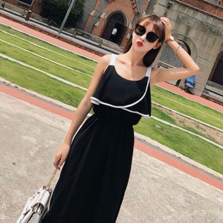 Đầm maxi, váy hai dây, váy đi biển màu đen viền trắng