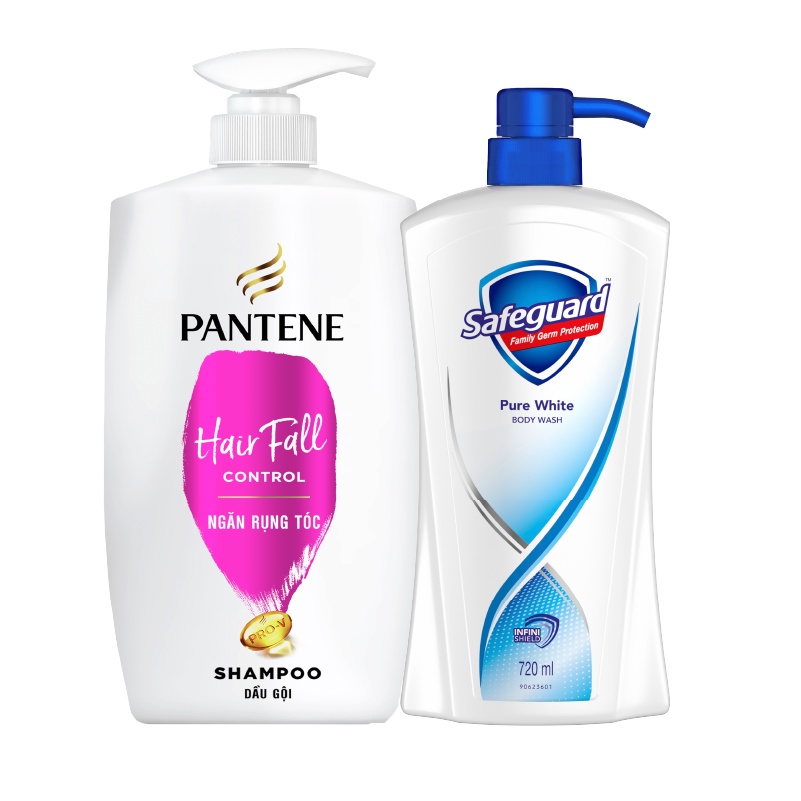 Combo Dầu Gội Pantene Ngăn Rụng Tóc 900ML &amp; Sữa Tắm Safeguard Loại Bỏ 99.9% Vi Khuẩn Chai 720ml Trắng Tinh Khiết