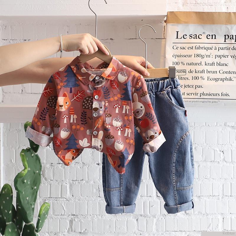 Bộ áo sơ mi tay dài in họa tiết và quần jean thời trang dành cho bé trai