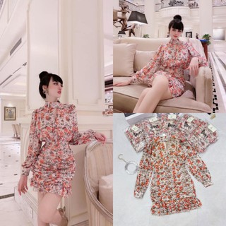 V878 Đầm Hoa Nhí, Đầm thiết kế đuôi cá rúm thân, tay bồng che khuyết điểm, phối cúc ngọc sang chảnh