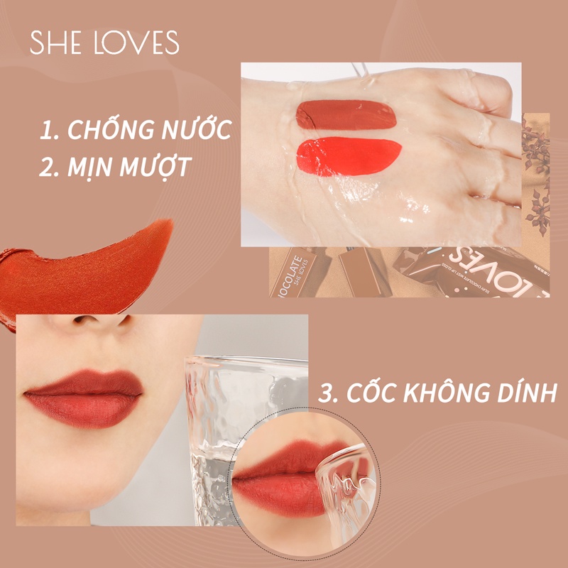 Son môi Sheloves màu lì chống thấm nước lâu trôi thiết kế vỏ màu socola xinh xắn
