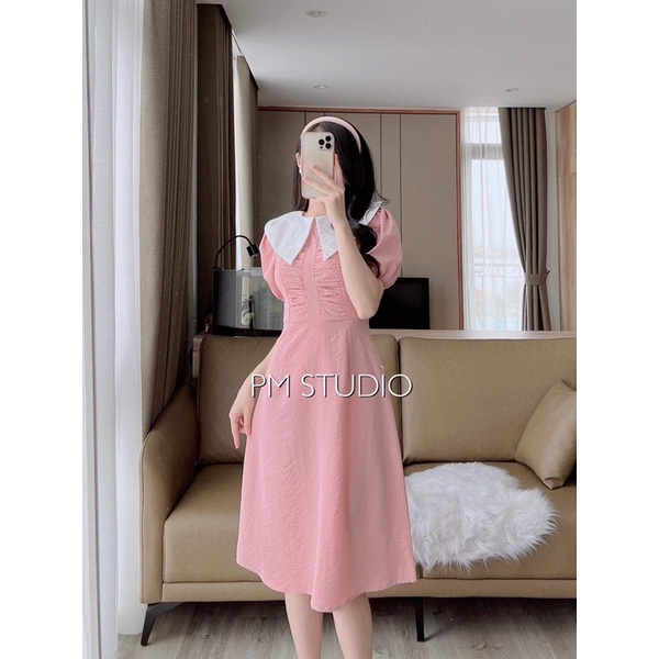 VÁY ĐŨI HỒNG CAM ĐẤT CỔ TRẮNG XẾP LY NGỰC