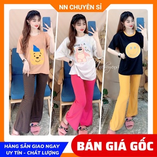 Đồ bộ thun quần dài ống loe trơn sọc chất thun mềm mát in hình Vịt Gấu Hoạt hình dễ thương TP114