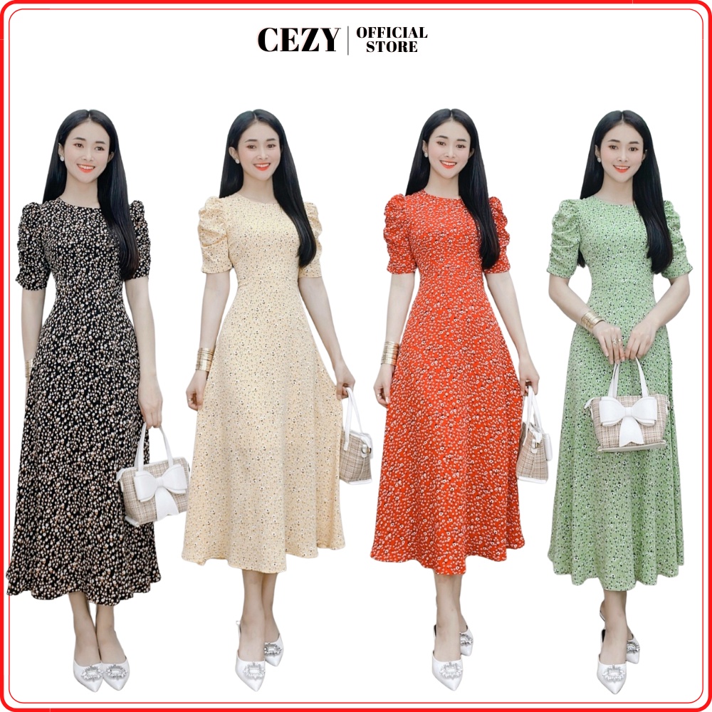 Đầm cổ tròn hoa nhí tay phồng dáng xòe dài có size bigsize CEZY D105
