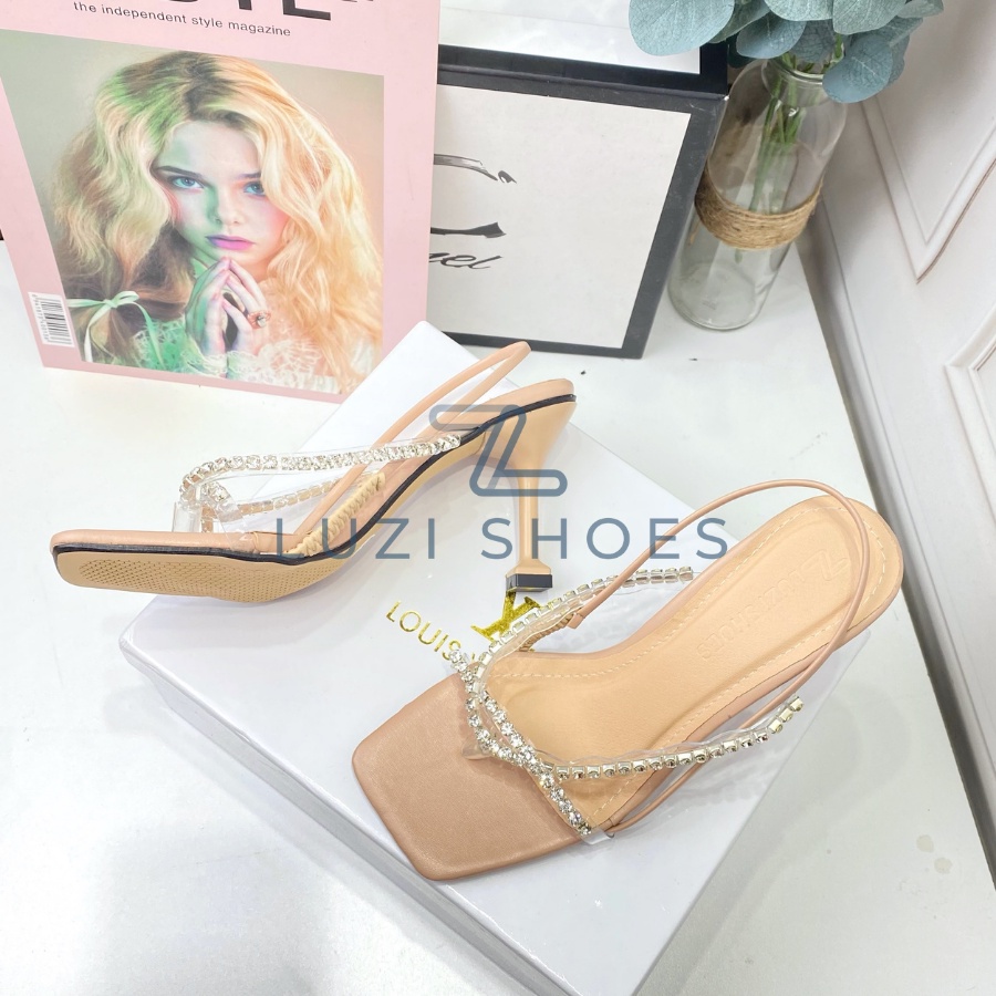 Guốc nữ cao gót, dép kẹp quai mảnh đính đá gót ly thời trang cao 8cm [M37]