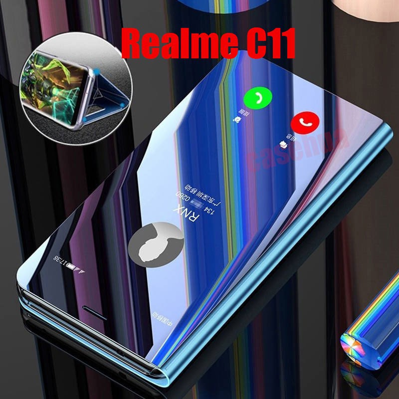 Bao Da Điện Thoại Nắp Lật Tráng Gương Cho Realme C11 Đứng