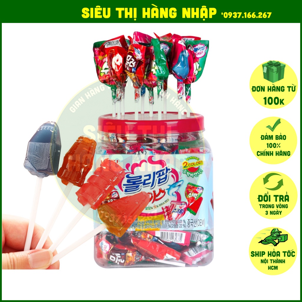 [Hộp 60 cái] Kẹo mút Lotte 4 vị trái cây Hàn Quốc, kẹo mút cho bé vị dâu, dưa hấu, cola, soda